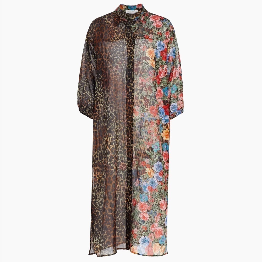 Johnny Was Semi-Sheer Cheetah & Floral-Print Coverup Maxi dress size XL